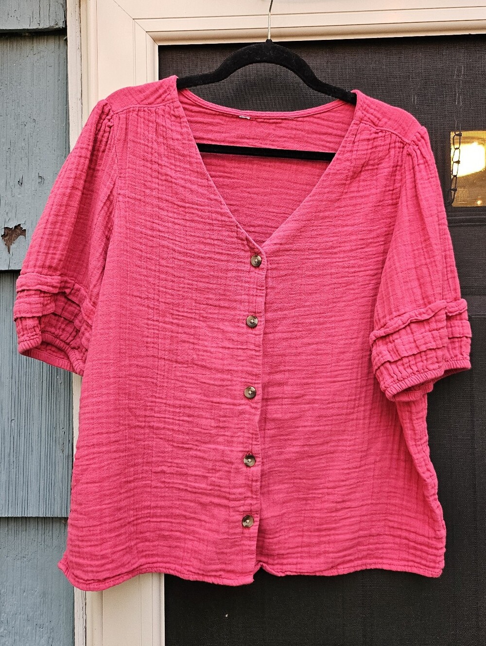 Pink Gauze Cotton Short Sleeve Button Up Shirt Blouse XL